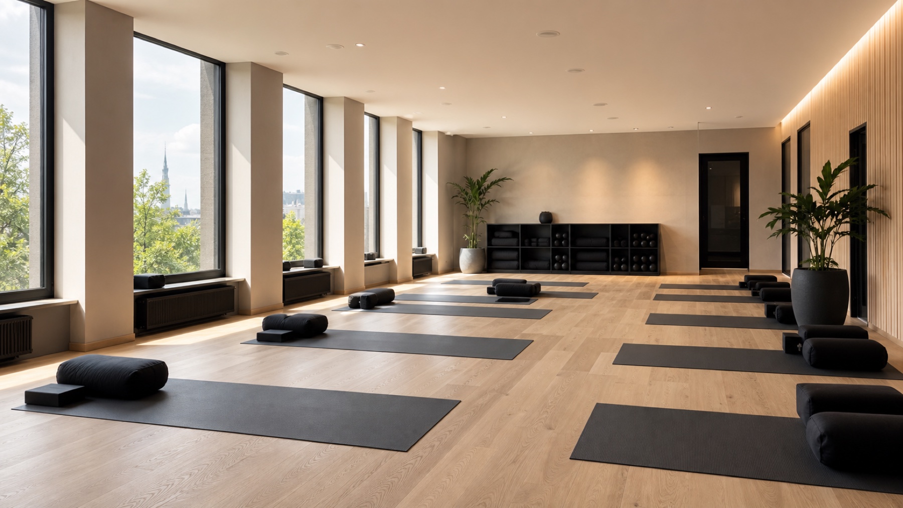 Helles Athletic Vinyasa Yoga Studio Heller Yogaraum mit Matten und Tageslicht